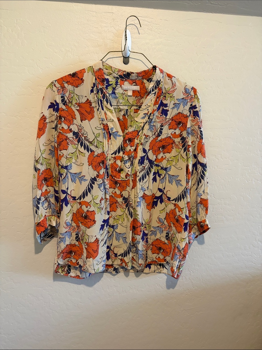 Banana Republic Cream Floral Popover Blouse with Orange & Blue Print